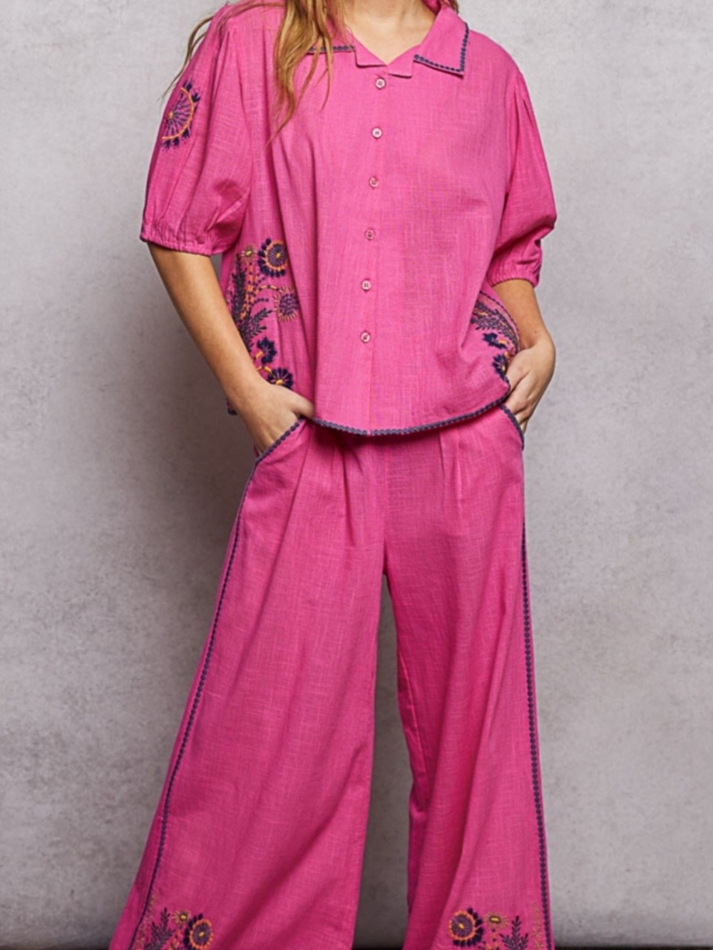 POL Pink Embroidered Button-Front Pants Set